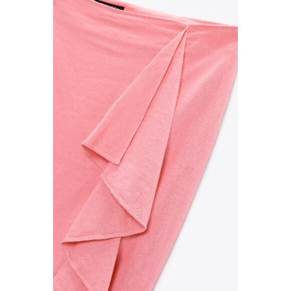 Zara Pink Midi Skirt Linen Blend with Side Slit & Ruffles Size XL - Picture 8 of 9